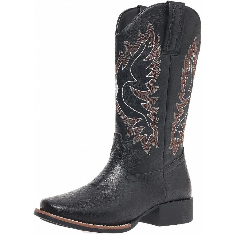 Women's Black Mid Calf Western Cowgirl Boot Snip Toe Chunky Heel Calf High Boots